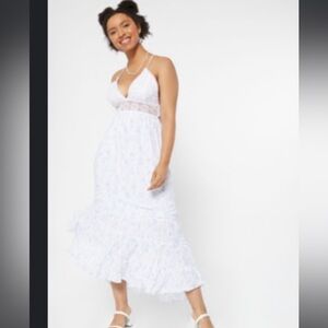 Rue 21 Blue Floral Print Crochet Waist Maxi Dress women’s size MED